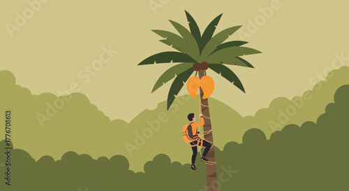 Adventurous Person Climbing a Palm Tree to Acquire Coconuts Amidst Nature's Abundance Indeed