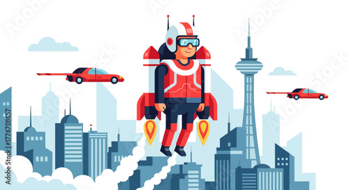 Aeronautical Voyager Soaring Above Metropolis With Futuristic Automotive Transports