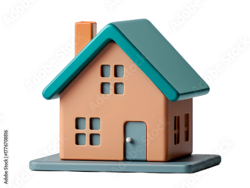 Colorful 3D cartoon house with teal roof and orange walls isolated on white background