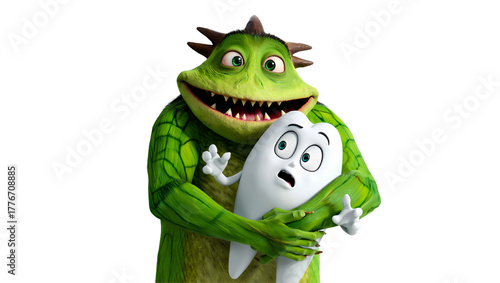 Funny green monster hugging scared cartoon tooth character in 3D isolated illustration