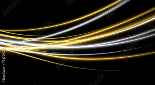 Dynamic golden and white light streaks dance gracefully against a deep black background, creating an abstract display of energy and movement. vector illustration
