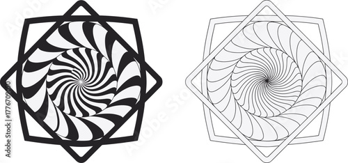 Geometric spiral illusion vector set, black and white abstract patterns with layered polygons and optical symmetry for design, art, or perception studies