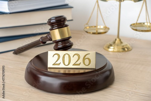 New laws and justice in 2026. A concept with a judge's gavel, scales of justice, and law books symbolizing future legislation.
 Generative Ai.
