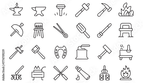 Forge and workshop icon set — clean outline illustrations of blacksmith tools, fire, and metalworking equipment for design use