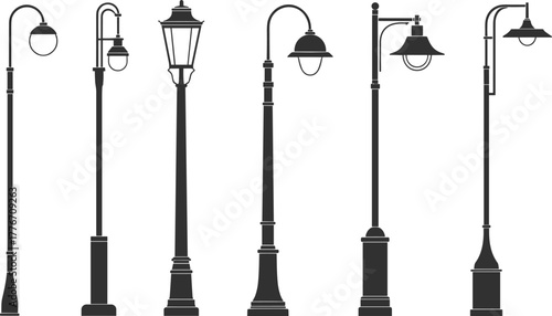 Street lamp vector set, urban lighting silhouettes, vintage and modern lamp post designs, architectural elements for city planning and decorative use