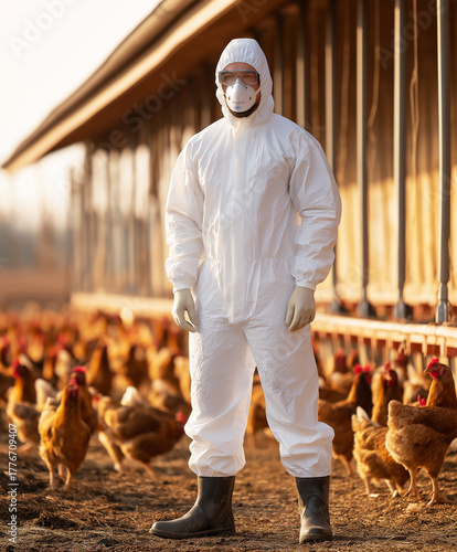 Worker in a white hazmat suit inspects chickens inside a chicken barn. A biosecurity operation is underway in a sunlit farm setting.