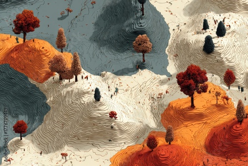 Minimal topo map, clean design with forest texture. Generative AI