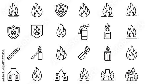 Emergency and fire icon collection — clean outline illustrations of fire safety, prevention tools, and protection symbols for design