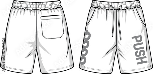 Athletic shorts flat sketch, fashion design template, apparel vector illustration, sportswear outline, clothing construction drawing, unisex casual wear, graphic print detail