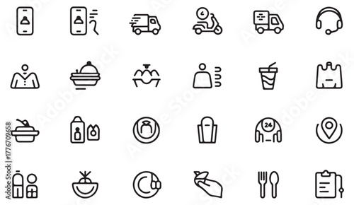 Online food order and delivery icon set — clean line art of meals, packaging, and service tools for restaurant branding projects