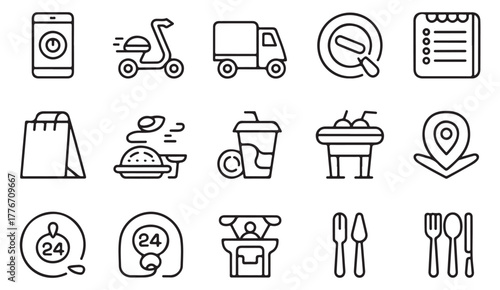 Restaurant and delivery service icon collection — minimalist vector illustrations for fast food, catering, and food tech design