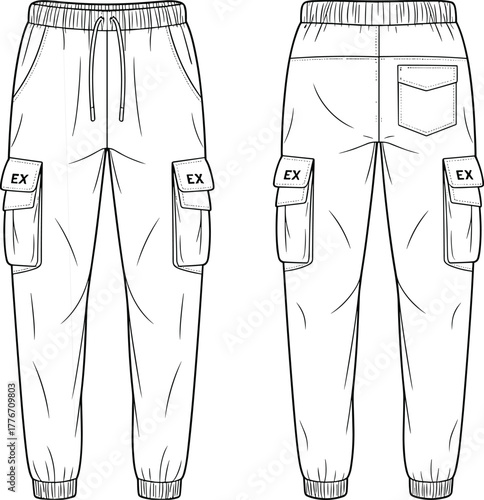 Technical fashion flat sketch of cargo jogger pants, front and back view, elastic waistband, drawstring, flap pockets, seam stitch details