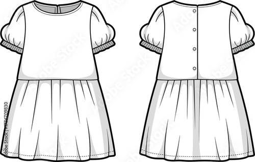 Technical fashion flat sketch of girl dress, front and back view, puff sleeves, round neckline, gathered skirt, button back closure