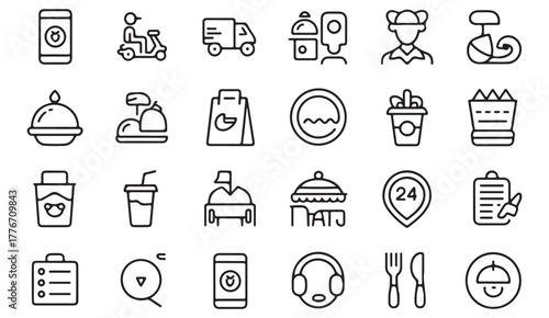 Minimalist food delivery icon pack — online restaurant service, takeaway, and courier line art illustrations for app and branding desig