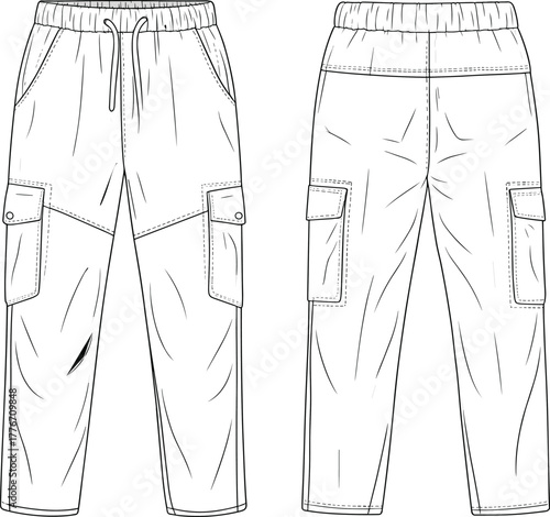 Technical fashion flat sketch of cargo pants, front and back view, elastic waistband, drawstring, flap pockets, seam details, garment construction