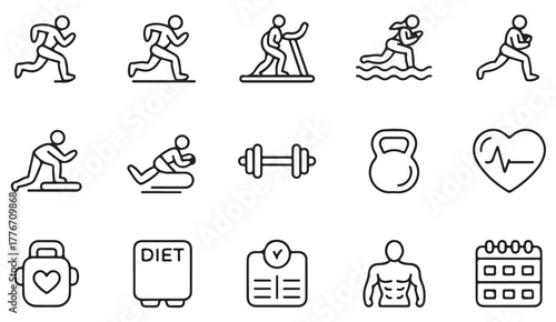 Gym and training vector set — simple line icons for exercise, body health, and sports design applications