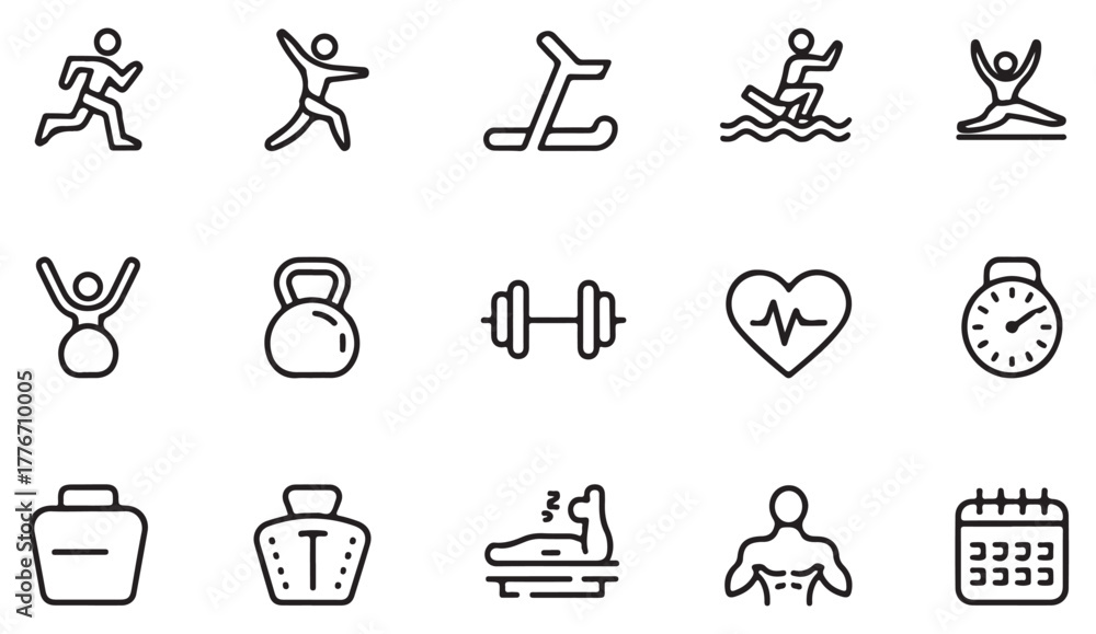 Fototapeta premium Health and exercise vector icons — clean outline illustrations of fitness, gym equipment, and sport activities for modern designs
