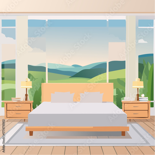 Modern bedroom with home interior design. Contemporary house interior