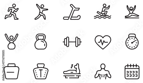 Health and exercise vector icons — clean outline illustrations of fitness, gym equipment, and sport activities for modern designs