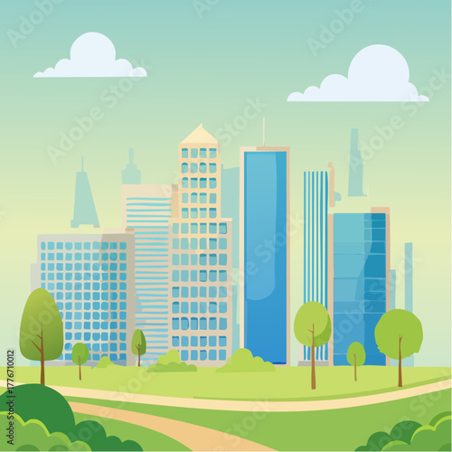 City downtown with park and skyscrapers