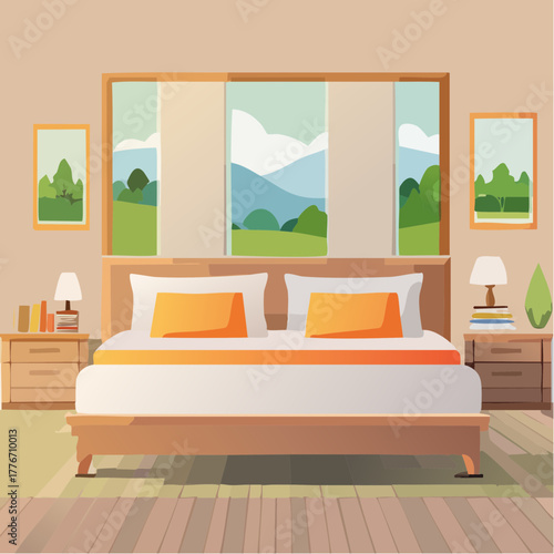 Modern bedroom with home interior design. Contemporary house interior