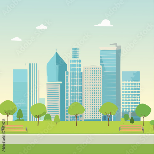 City downtown with park and skyscrapers