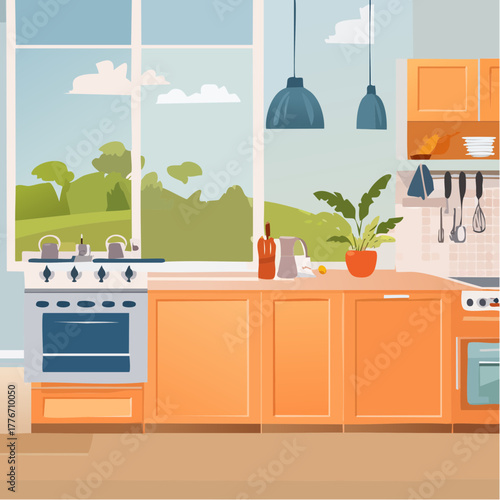 Modern kitchen interior with kitchen appliances and kitchen counter