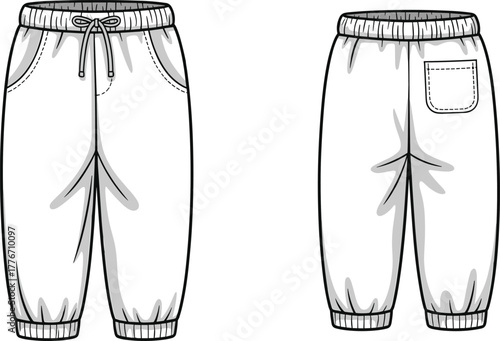 Technical fashion flat sketch of women jogger pants, front and back view, elastic waistband, drawstring, side pockets, patch pocket, ribbed cuffs