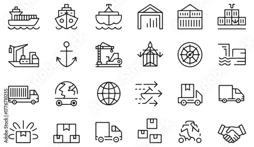 Logistics and delivery icon collection — clean outline vector design of transport, boxes, and freight for global trade graphics