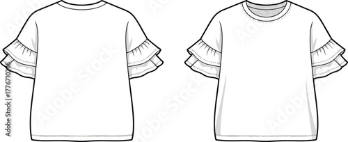 Technical fashion flat sketch of women ruffle sleeve top, front and back view, round neckline, layered ruffles, feminine blouse design