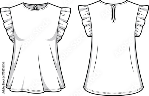 Technical fashion flat sketch of women sleeveless ruffle top, front and back view, round neckline, keyhole closure, flared hemline