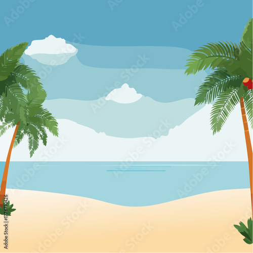 Tropical beach scene - idyllic location in nature with palm trees, blue sky, ocean water and a sandy shore