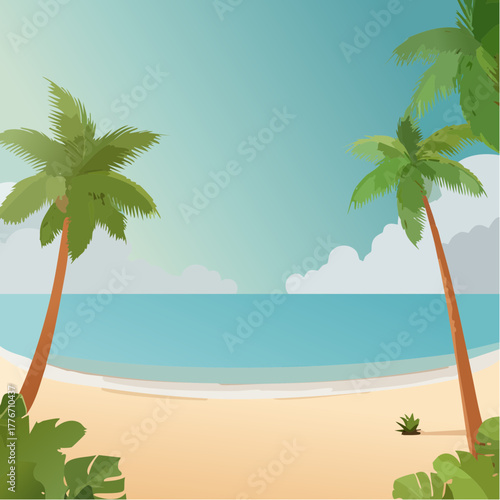 Tropical beach scene - idyllic location in nature with palm trees, blue sky, ocean water and a sandy shore