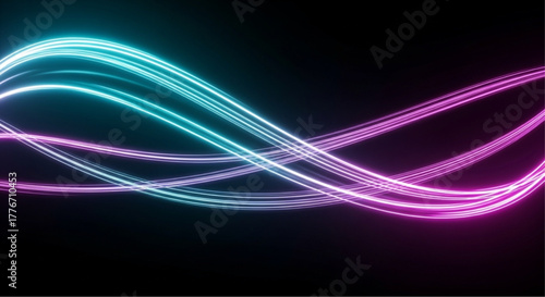 Dynamic abstract light trails dance across a deep black backdrop, a mesmerizing display of fluid, glowing energy. With streams of cyan and magenta light create an optical illusion. vector illustration