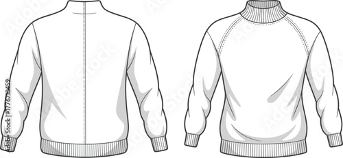 Technical fashion flat sketch of women sweatshirt, front and back view, long sleeves, raglan design, ribbed cuffs, hem, mock neck
