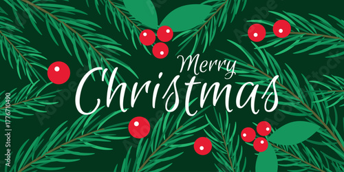Merry Christmas banner. Branch, red berries, text on green background. Vector illustration