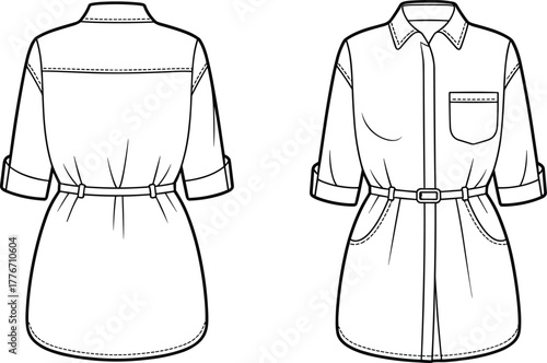 Technical flat sketch, belted shirt dress design, fashion vector template, collared neckline, button down front, rolled sleeve tabs, waist belt illustration