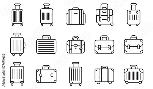 Minimalist luggage icon pack — suitcase, travel bag, and briefcase line art illustrations for tourism, vacation, and business trip design projects