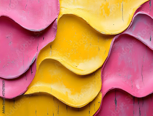 Layered textured paint strokes creating wavy abstract pattern in vibrant pink and yellow hues, forming dynamic artistic background with colorful intersecting visual planes