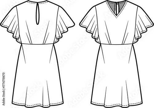 Technical flat sketch, flutter sleeve dress design, fashion vector template, fitted waist, flared skirt, V neckline, keyhole back closure illustration
