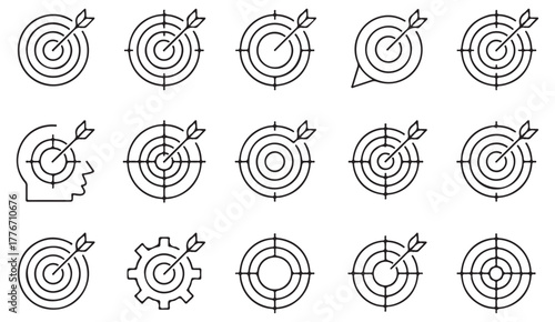 Precision and goal vector icons — clean outline illustrations of targets, focus points, and arrows for creative and corporate use