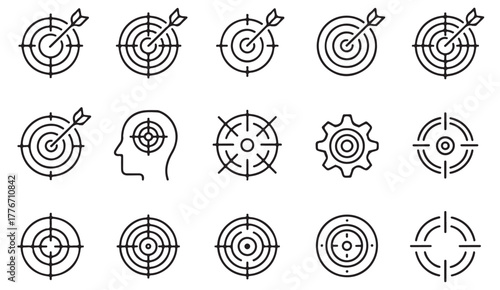 Minimalist target icon pack — goal, focus, dartboard, and accuracy vector line art illustrations for business and productivity design