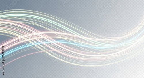 Abstract neon light trails flow gracefully against a transparent background, creating a sense of movement, energy, and futuristic design.  vector illustration