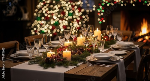 Elegant Christmas dinner table setup with candles, wine glasses, and festive decorations creates a warm, inviting holiday atmosphere for family and friends