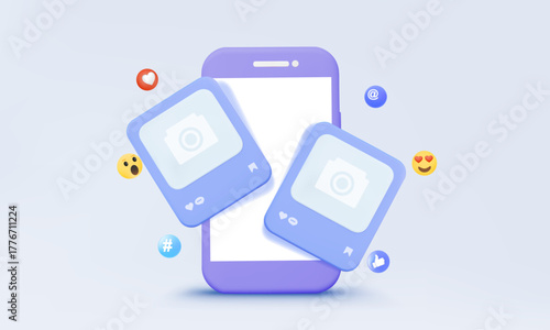 3D vector Advertising creative social media content marketing via post page community mobile phone technology picture photo frame emoji chat comment isolated on pastel background. illustration design