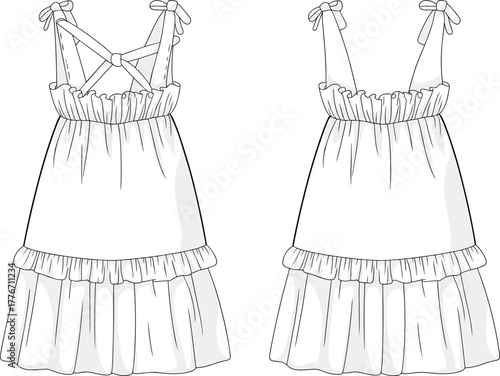 Women’s dress flat sketch, fashion design template, apparel vector illustration, clothing outline, garment construction drawing, sleeveless style, bow straps, tiered skirt