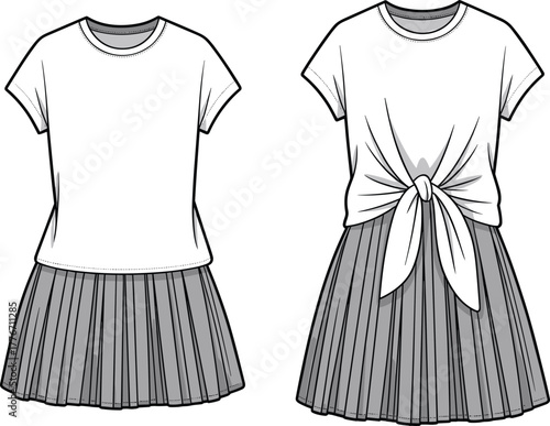 Women’s outfit flat sketch, fashion design template, apparel vector illustration, clothing outline, garment construction drawing, pleated skirt, knotted top styling