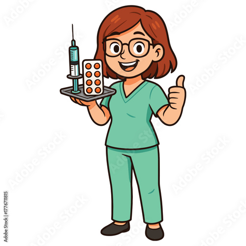Smiling cartoon healthcare worker with glasses in scrubs holding a tray with a syringe and pills, thumbs up