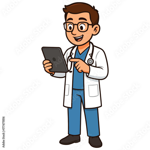 Cartoon doctor using a digital tablet for healthcare information and patient records, smiling cheerfully and confidently.