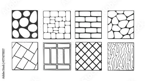 CAD Texture Patterns Collection with Stone, Pebble, Gravel, Wood, and Soil Symbols, Clean Architectural Hatch Set for Landscape Design, Floor Plans, and Technical Drawings